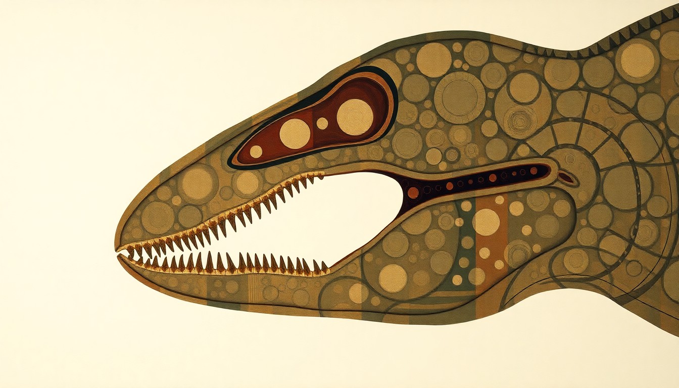 A highly structured abstract painting in muted earth tones, featuring sweeping geometric arcs, concentric circles, and precise botanical spirals, conceptually representing the intricate natural engineering of the Tanyka amnicola dinosaur's twisted jaw structure.