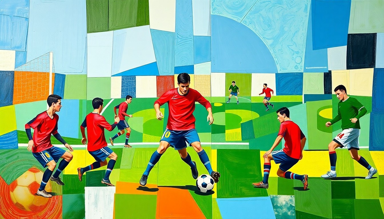A fragmented, cubist-style painting depicting the abstract forms of soccer players in motion, with sharp geometric planes of blue, green, and red overlapping to create a dynamic, energetic scene.