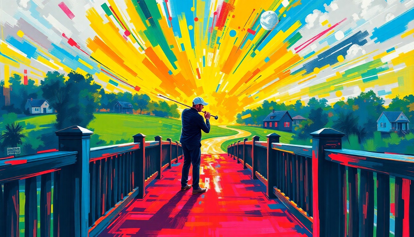An abstract, energetic painting using vibrant brushstrokes and neon colors to depict the emotional moment of a golfer proposing to his partner on a bridge, capturing the raw passion and excitement of the occasion.