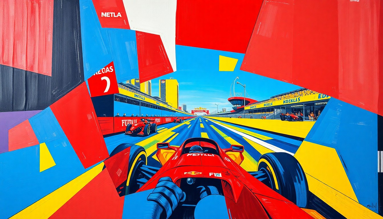 A cubist, geometric painting depicting an F1 race scene with overlapping planes of color and shape, capturing the high-energy and competitive nature of the sport.