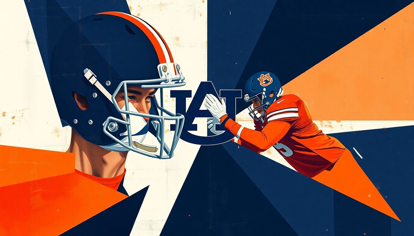 A fractured, cubist-style painting depicting the intense competition among Auburn's cornerbacks, with sharp geometric shapes in navy blue, orange, and white representing the players' movements and the energy of the spring training drills.