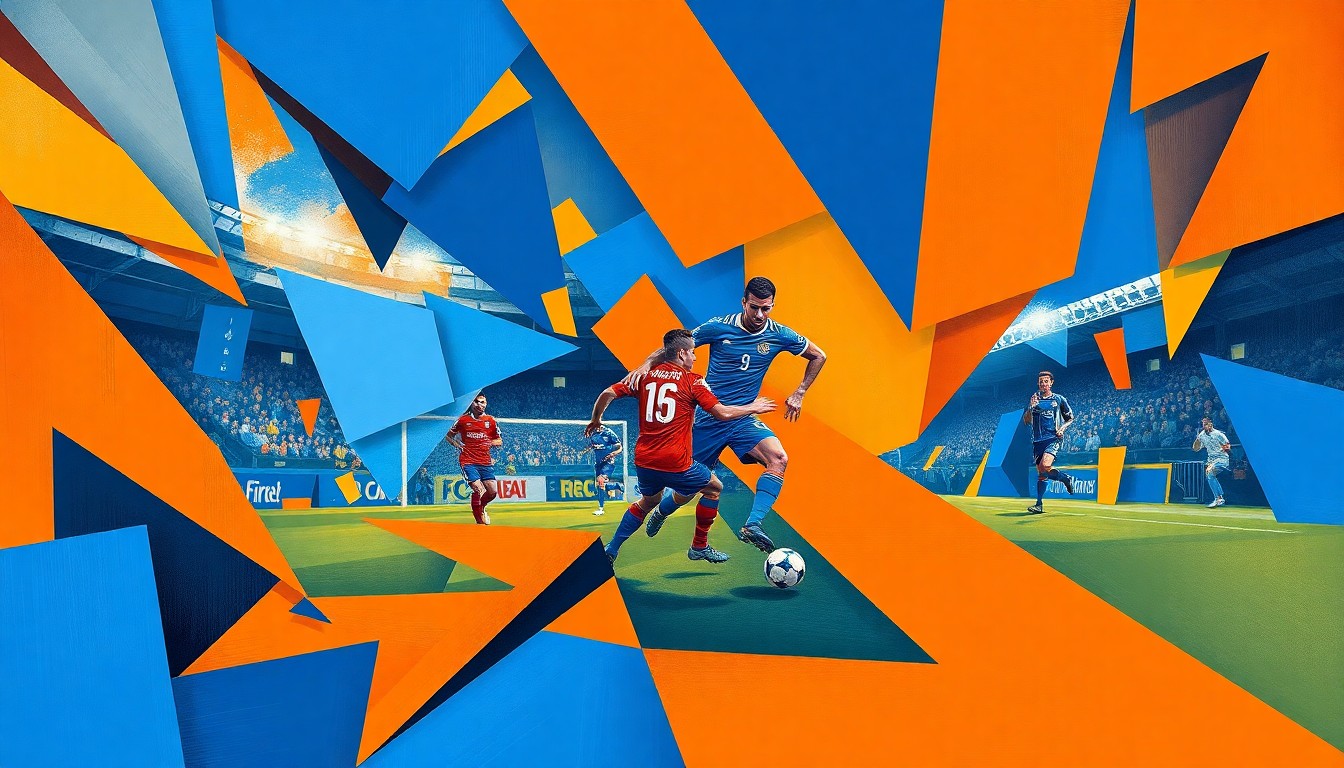 A fractured, geometric painting depicting a soccer player's movements and actions, broken down into sharp, overlapping planes of orange and blue.