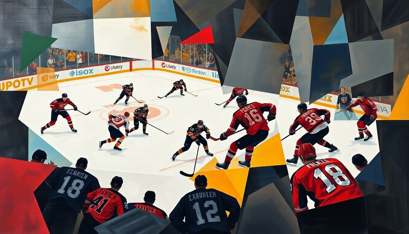 A cubist-style painting depicting a hockey game between the Philadelphia Flyers and New Jersey Devils, with the players' movements and the energy of the game captured through sharp, overlapping geometric planes in a vibrant color palette.
