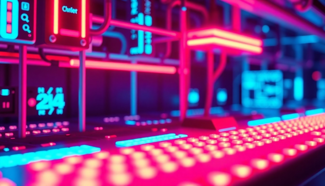 A highly detailed, glowing 3D illustration of various cybernetic hardware components, including circuit boards, processors, and cables, all illuminated by neon cyan and magenta lights, conceptually representing the physical infrastructure underlying the tech industry's digital transformation.
