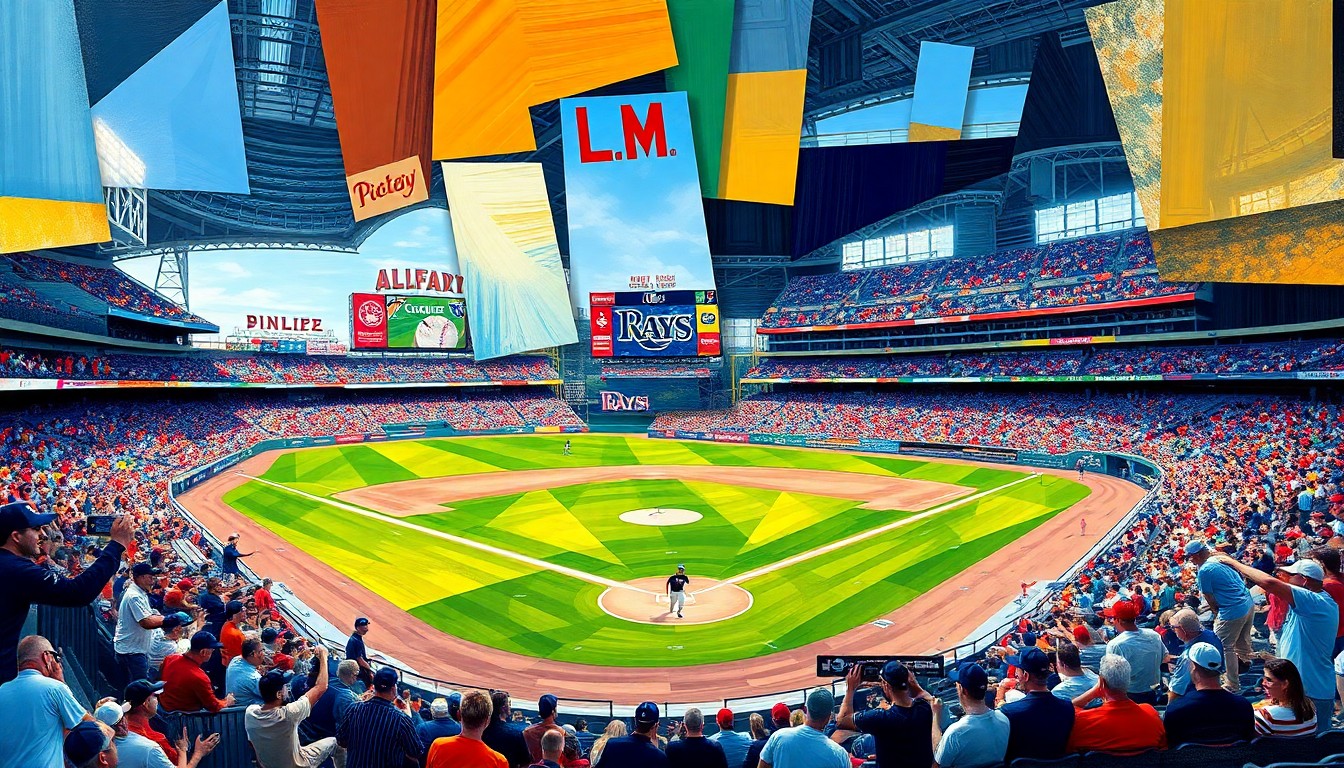 A cubist, geometric painting depicting a fragmented and deconstructed baseball stadium or game scene, with sharp, overlapping planes of color representing the Rays and Hillsborough teams. The image captures the complex and multi-faceted nature of the potential deal and its impact on the local sports community.