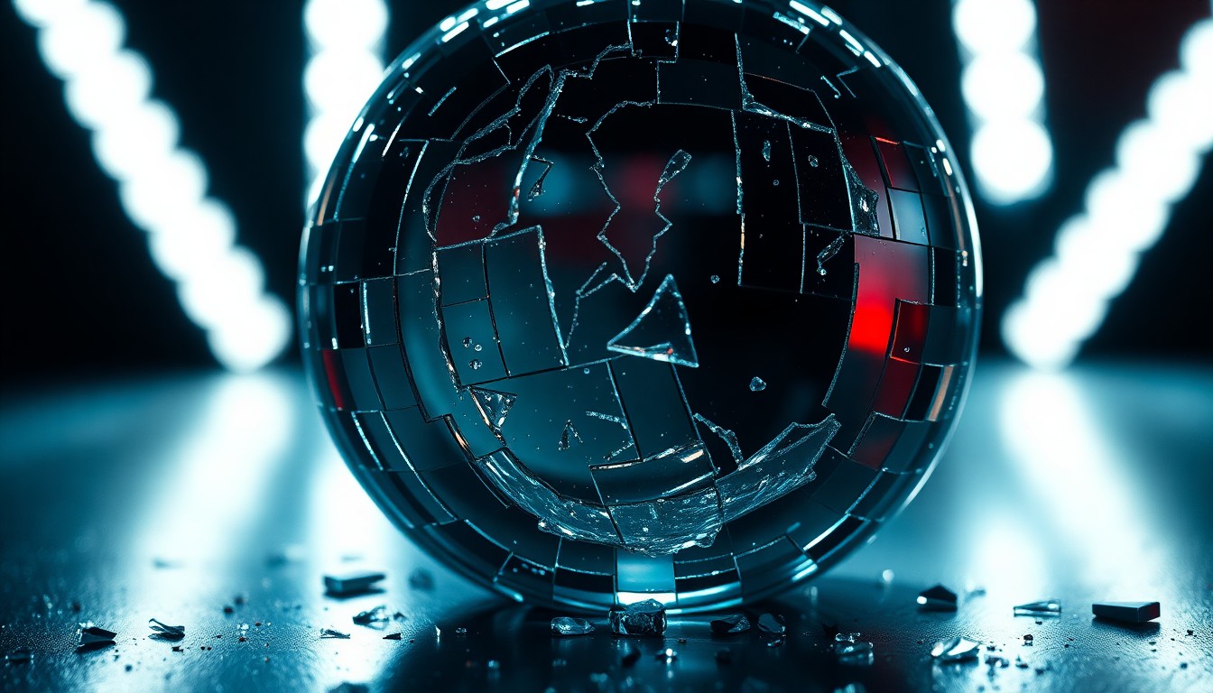 An extreme close-up of shattered glass reflecting bright, high-contrast studio lighting, conceptually representing the fragility and excess of the film festival experience.