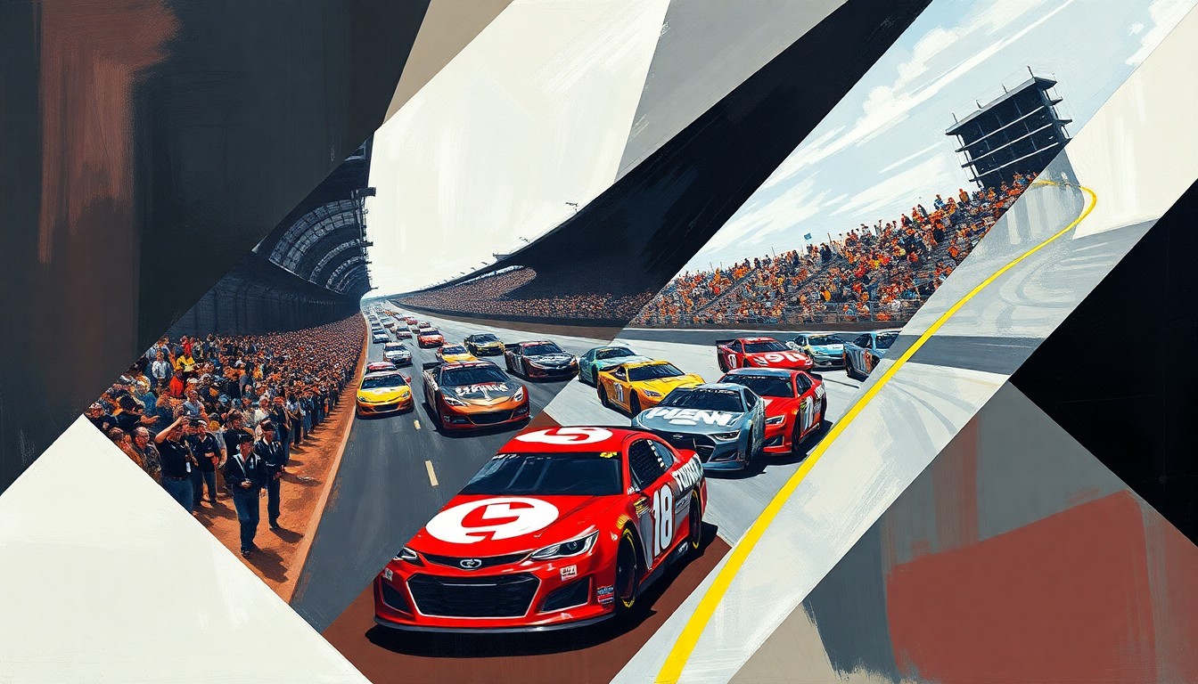 A cubist-style painting featuring sharp, overlapping geometric shapes in vibrant colors, representing the dynamic and multifaceted nature of NASCAR racing.