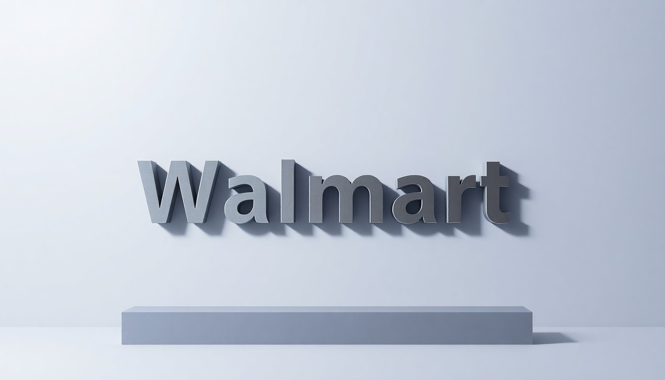 A highly stylized, photorealistic studio still life featuring a sleek, geometric metal sculpture in the shape of the Walmart logo, set against a clean, monochromatic background and dramatically lit to convey a sense of corporate strategy and finance.
