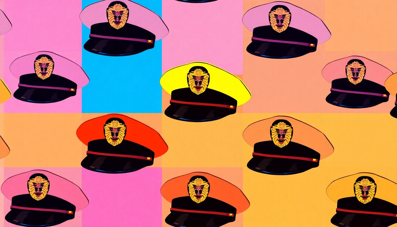 A bold, graphic silkscreen print featuring a police officer's uniform hat repeated in a grid pattern, rendered in a high-contrast, neon color palette that transforms the everyday symbol into a striking work of modern pop art.