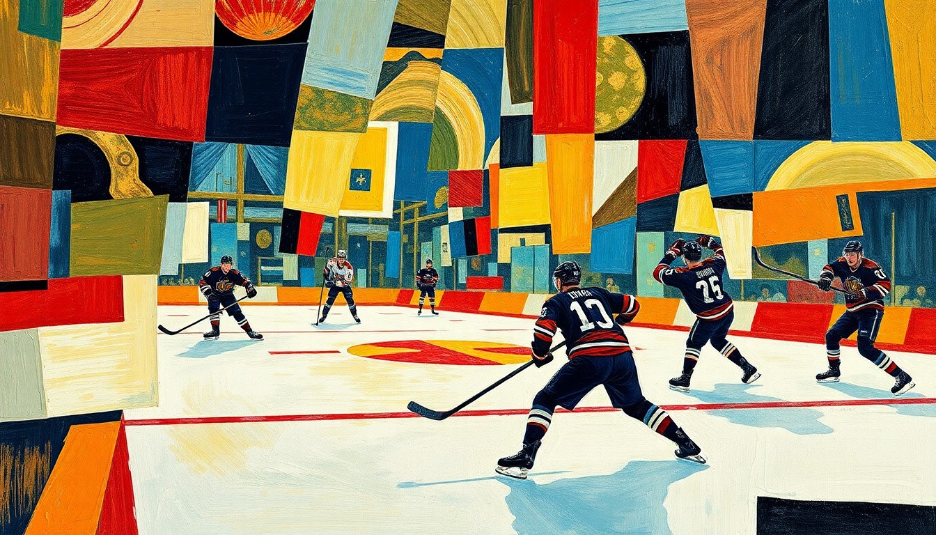 A cubist, geometric painting depicting a hockey game or match, with sharp, overlapping planes of color and form representing the dynamic action on the ice and the complex challenges facing the Capitals organization.