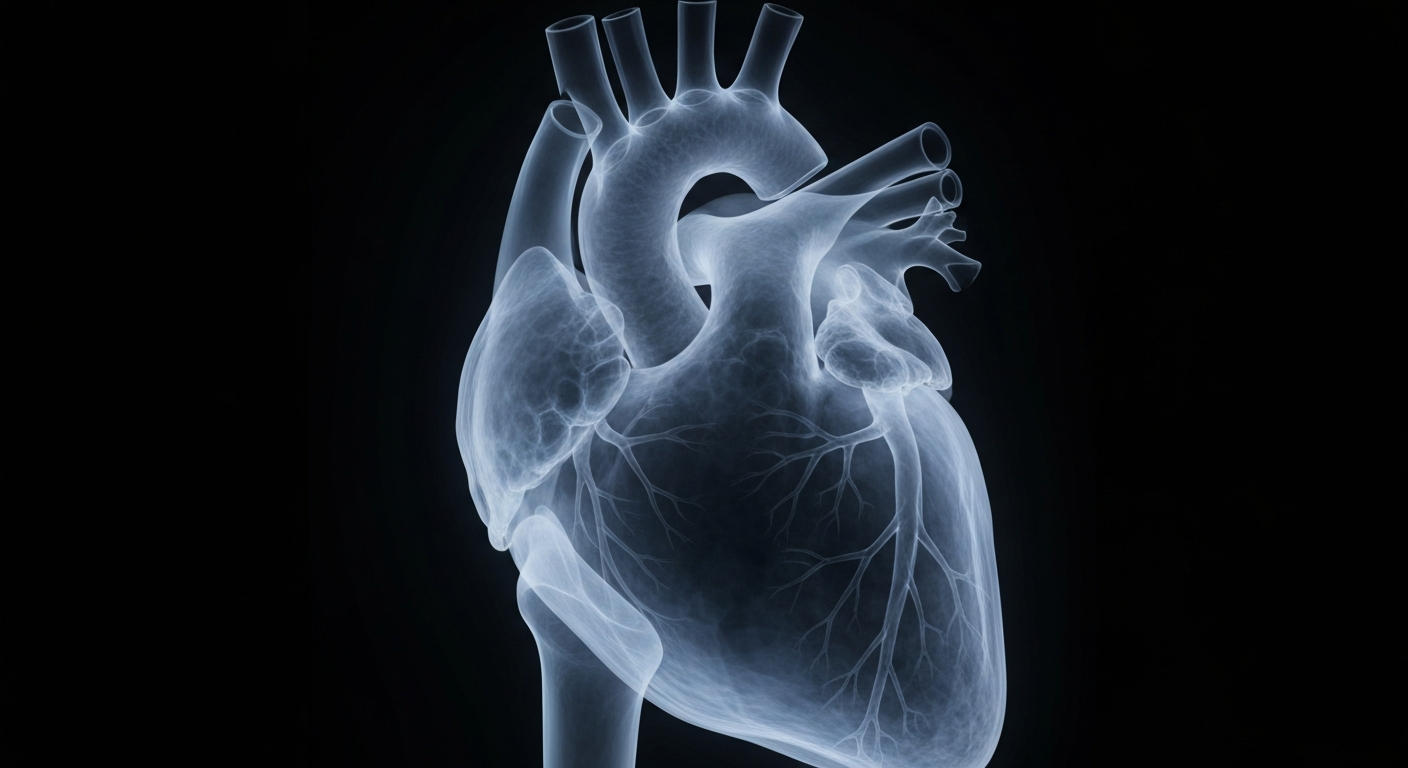 A translucent, ghostly X-ray photograph of a human heart, rendered in shades of blue and grey against a dark background, conceptually representing the fragility of life and the importance of self-care.