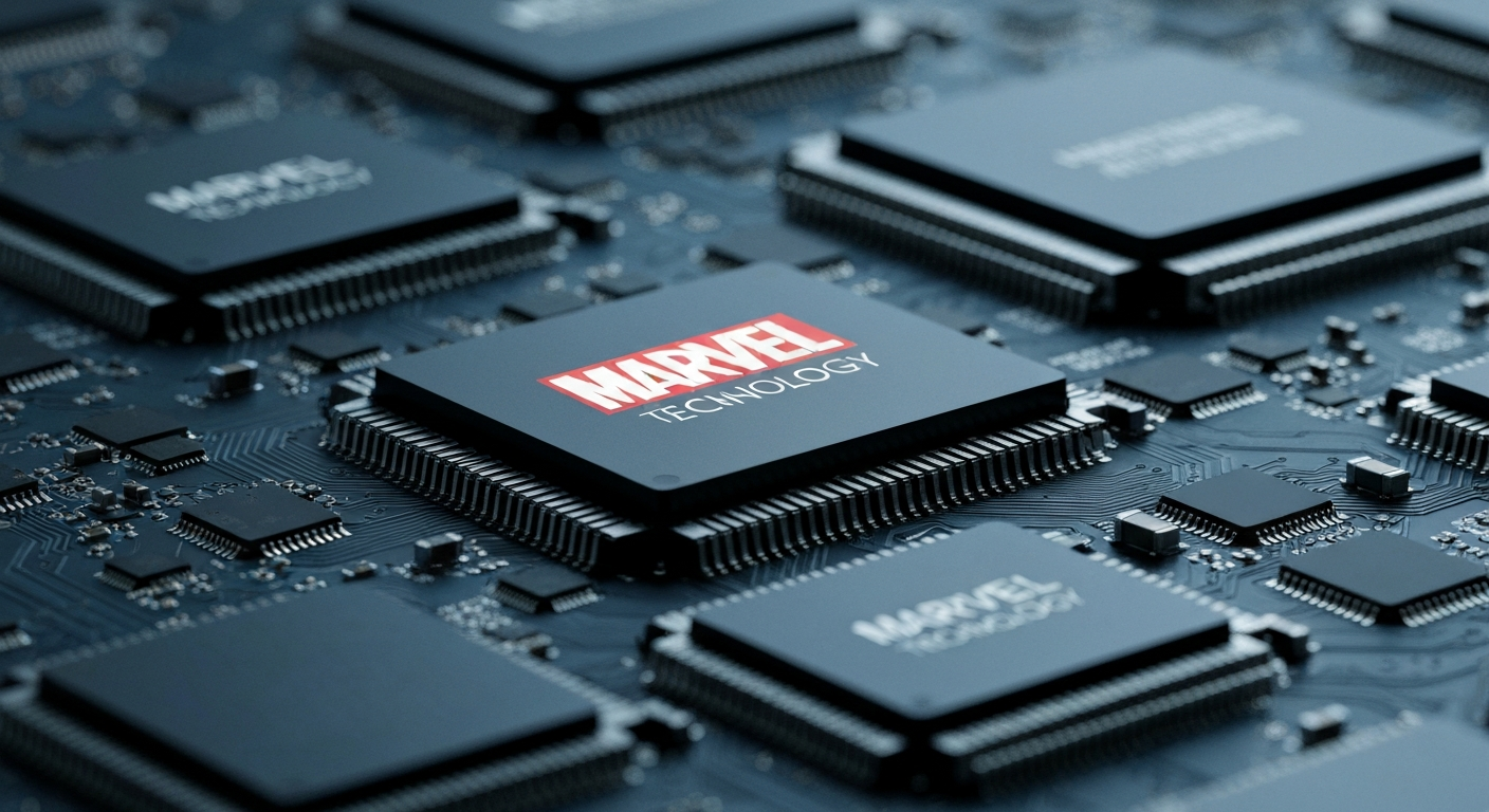 An extreme close-up of Marvell Technology's intricate semiconductor chips and circuit boards, showcasing the company's advanced engineering and the complex, industrial nature of the modern semiconductor industry.