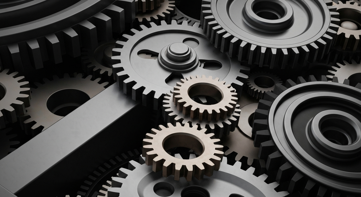 An extreme close-up of intricate, heavy industrial machinery in shades of steel grey, bronze, and black, representing the financial strength and operational capabilities of the Weyerhaeuser Company.