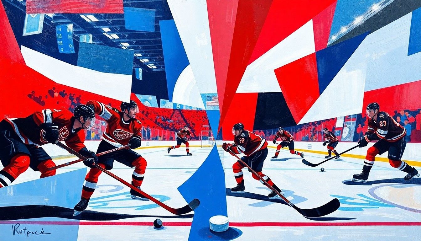 A fractured, geometric painting depicting the intensity and strategic nature of a high-stakes hockey game, with overlapping planes of players, puck, and arena in vibrant red, blue, and white hues.