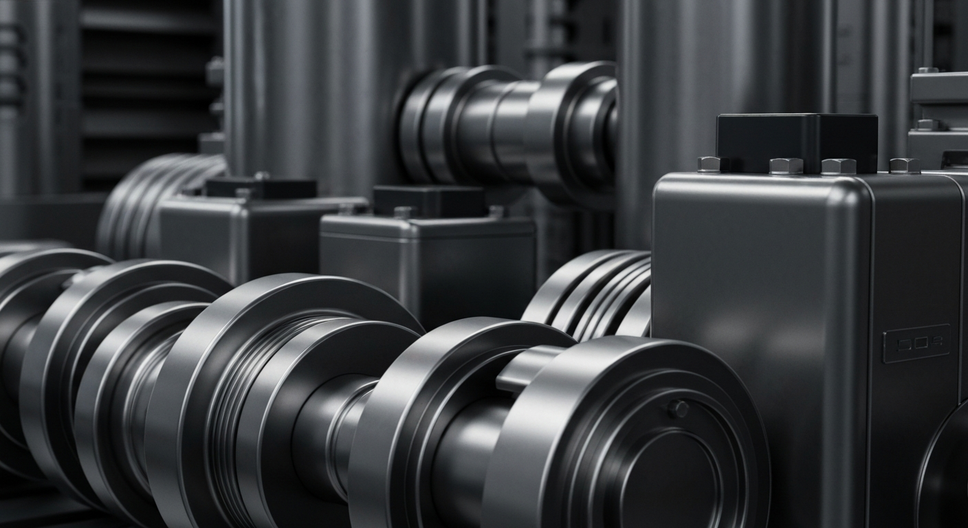 An extreme close-up of highly detailed, textured industrial machinery and equipment in muted tones, conveying the physical and institutional power of a major corporation without using any text or identifiable elements.