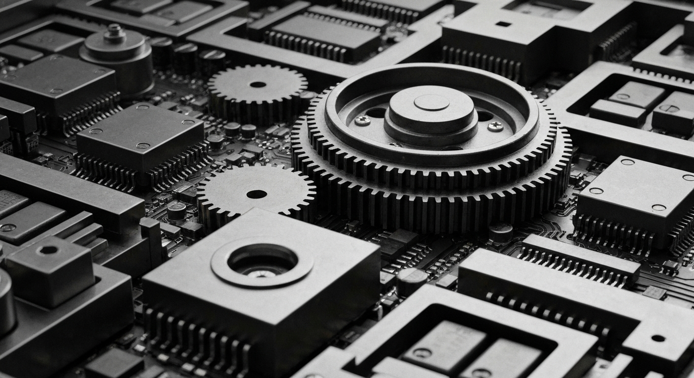 An extreme close-up of the interconnected mechanical and electronic components that make up Visa's payments processing systems, captured in a high-contrast, cinematic style that emphasizes the scale and complexity of the company's infrastructure.