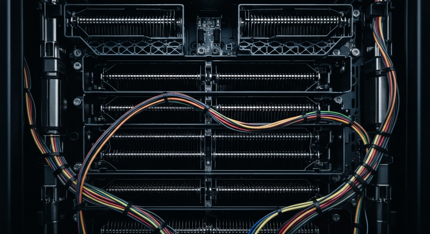An extreme close-up of the complex machinery and components inside a high-performance GPU server rack, conveying the heavy, industrial nature of the powerful computing infrastructure powering Meta's AI initiatives.
