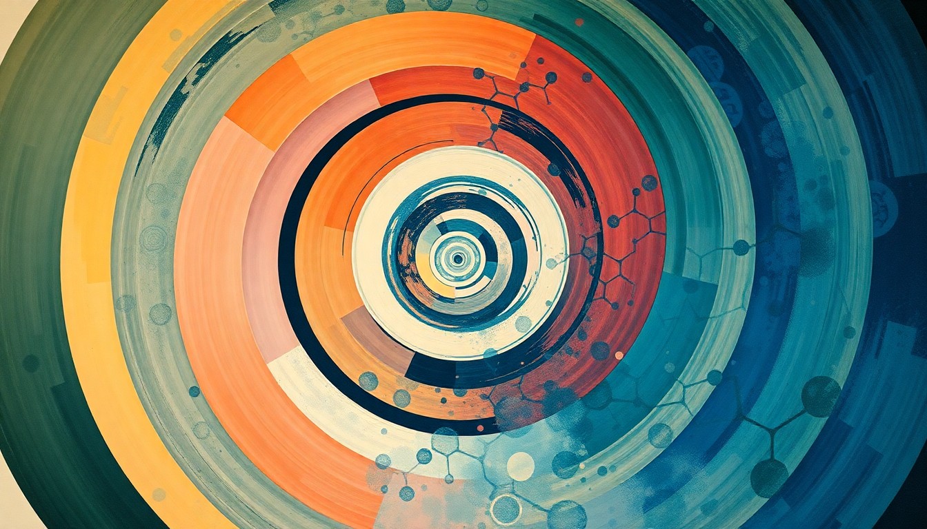 A bold, abstract painting in soft, flat colors featuring sweeping geometric arcs, concentric circles, and precise botanical spirals, representing the complex structure and interactions of proteins, the essential molecular machines of life.