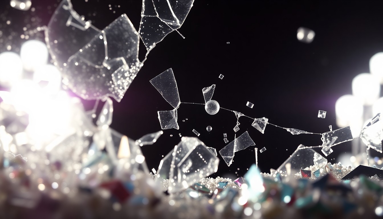An abstract close-up image of shattered glass and glittering sequins, capturing the fractured emotional state and fading celebrity glamour surrounding the Beckham family drama.