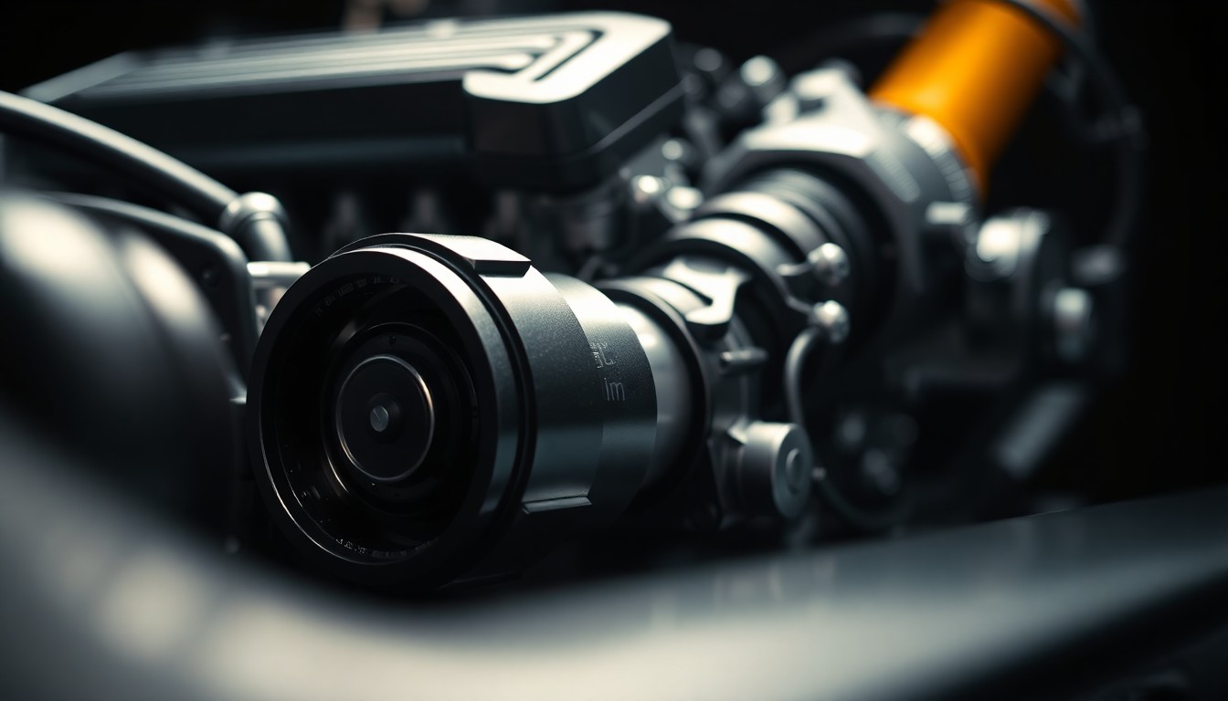 An extreme close-up photograph of a shiny, metallic automotive component, such as a suspension strut or engine part, captured in dramatic studio lighting to create a sense of sleek, high-performance glamour.