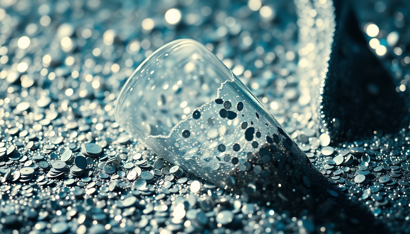 An extreme close-up of shimmering sequins and shattered glass, capturing the high-fashion glamour and cultural significance of David Duchovny's drag role in the new comedy 'Soapbox'.