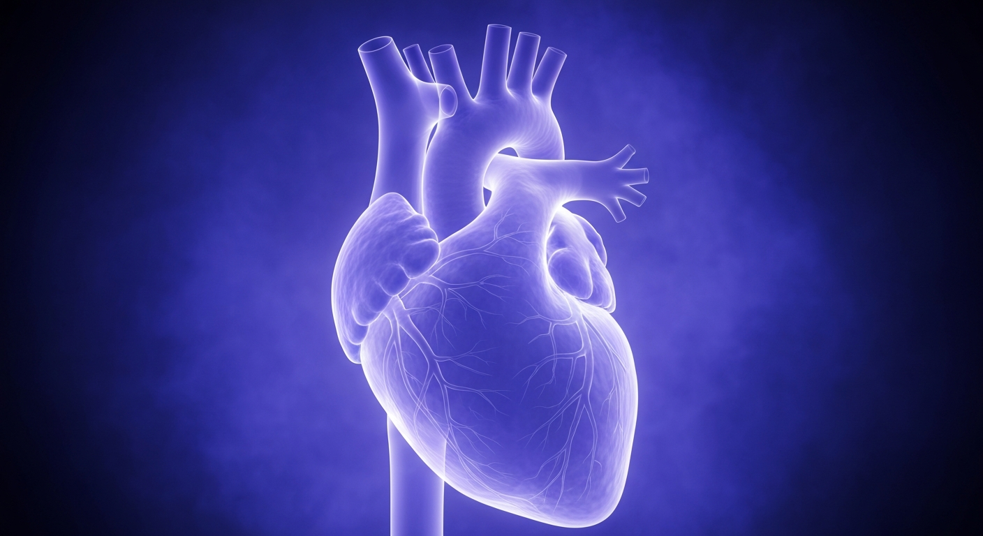 A translucent, ghostly X-ray-style photograph of a human heart, rendered in shades of blue and purple, with glowing veins and arteries, surrounded by a hazy, ethereal background, conceptually representing the interconnected social and environmental factors that shape heart health.