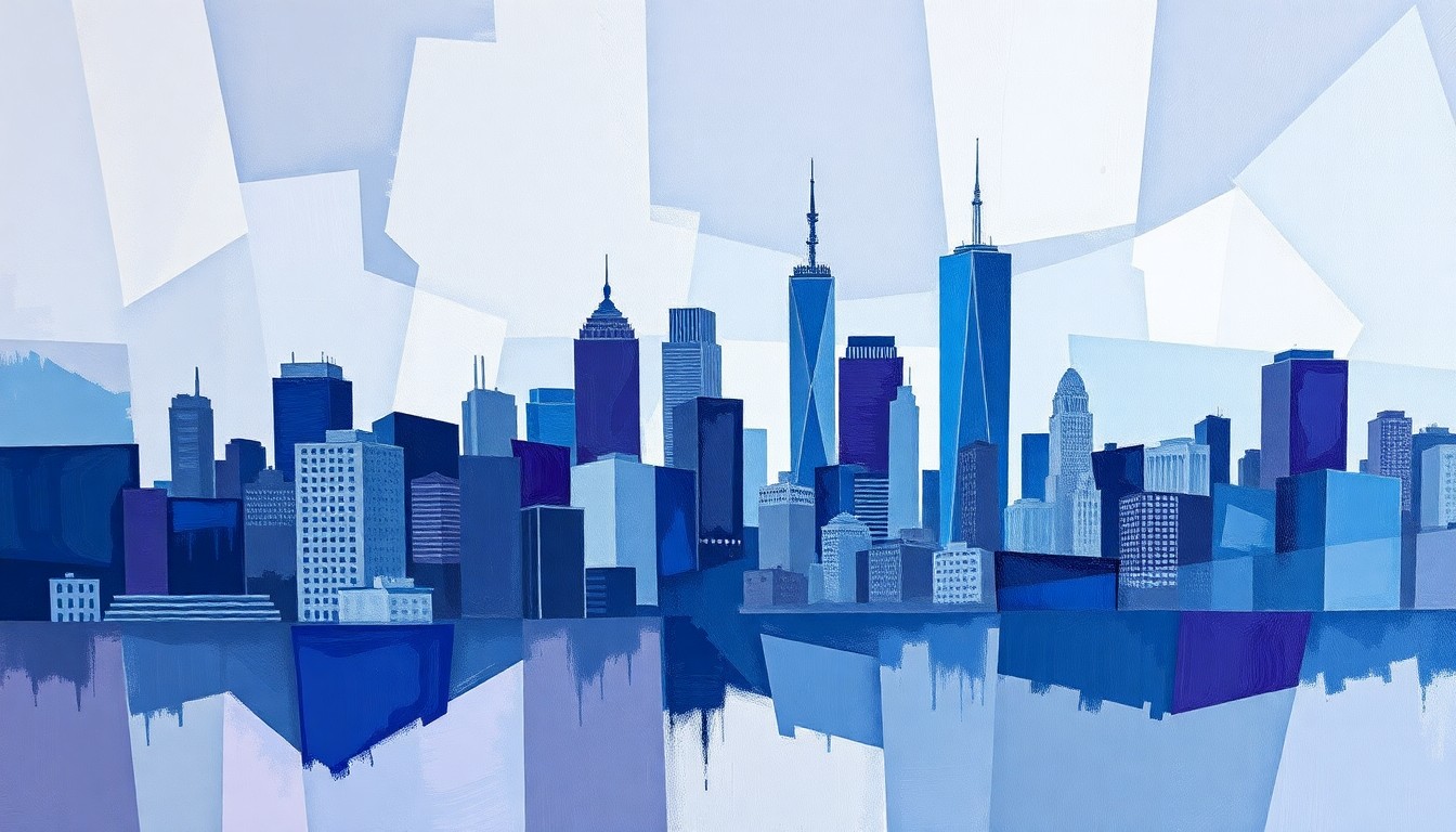 A dynamic, abstract painting featuring overlapping, fragmented shapes in shades of blue, grey, and purple, conceptually representing the complex web of political and financial dealings uncovered in the New York City corruption probe.