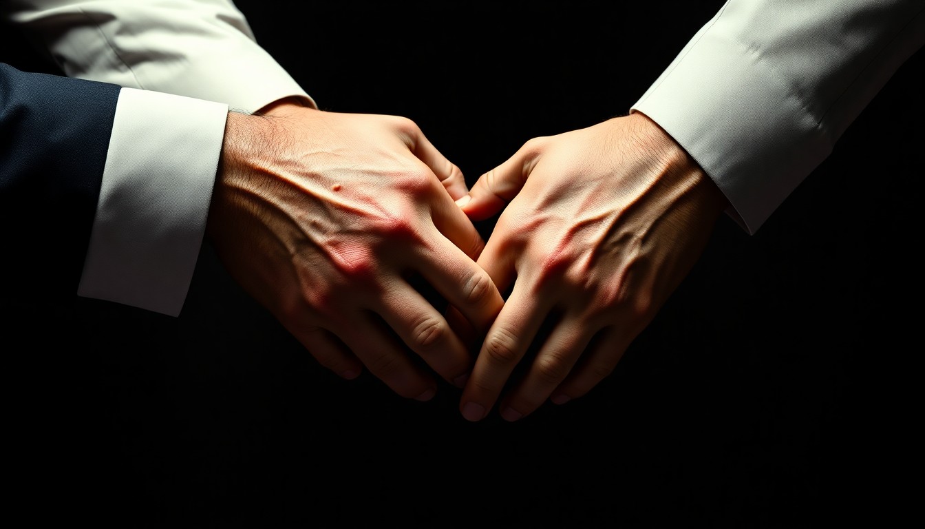 An extreme close-up of interlocking hands in dramatic, high-contrast studio lighting, conceptually representing the emotional connection between two longtime collaborators.