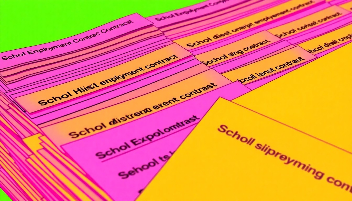 A bold, colorful silkscreen-style illustration featuring a repeating grid of stylized school district employment contracts, conveying the conceptual idea of bureaucratic processes and the need for governance reform.