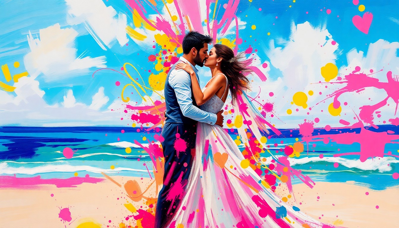 An abstract, expressionist painting in neon colors featuring a couple embracing on a secluded beach, their figures dissolving into unrecognizable splatters of vivid pinks, oranges, and blues, conveying the passion and energy of a private, romantic wedding ceremony.