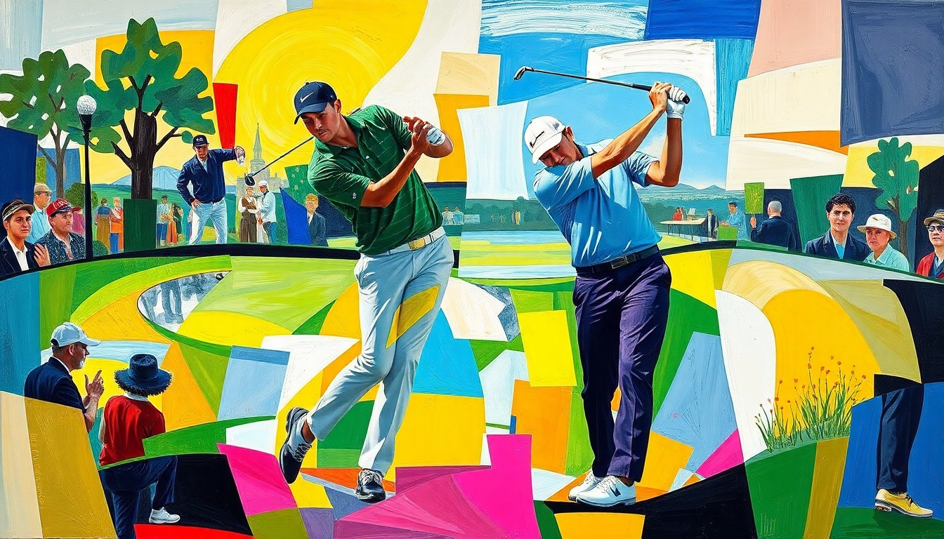 A fractured, multi-perspective painting depicting a golf match between Rory McIlroy and Jacob Bridgeman, with the players' movements and the course's features abstracted into a vibrant, cubist composition.