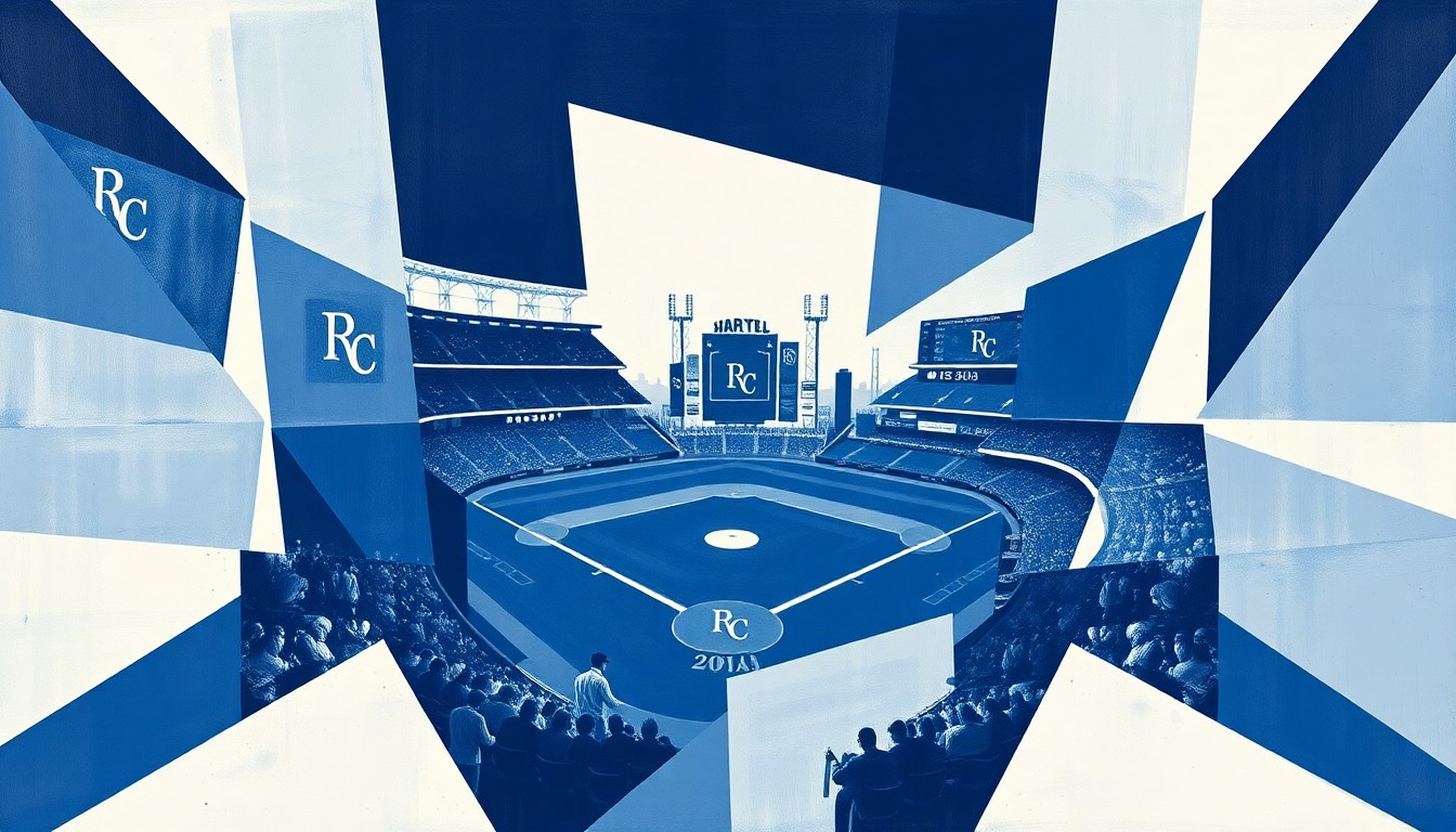 A cubist painting depicting a fragmented, geometric interpretation of a Royals baseball game, with sharp, overlapping planes in muted shades of blue, conceptually representing the team's most miserable seasons.