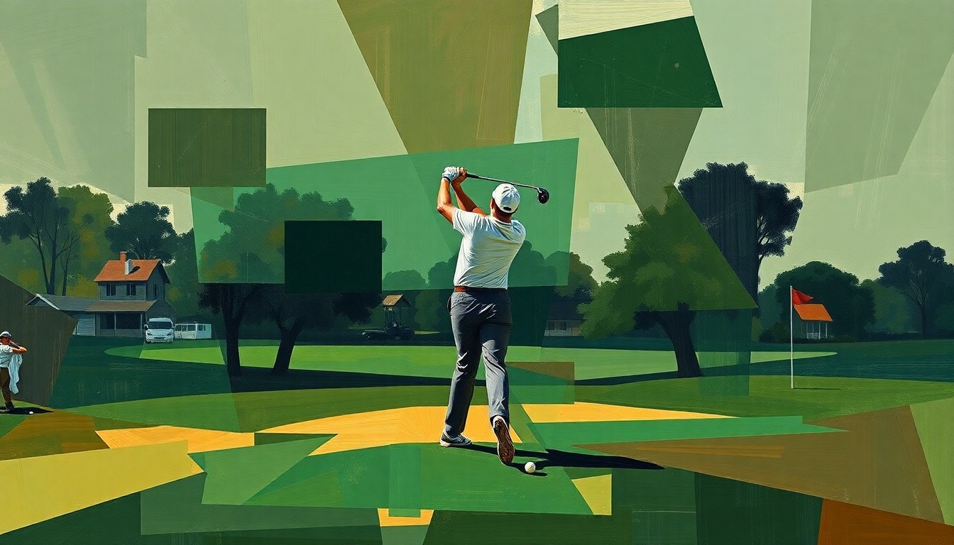 A fractured, geometric painting depicting a golfer's swing and movements on the course, broken down into sharp, overlapping planes of deep greens, earthy browns, and muted blues, conceptually representing the challenges of returning to form after injury.