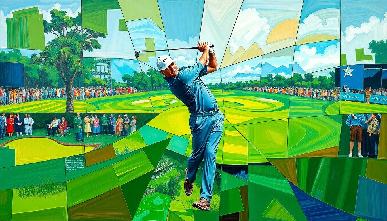 A cubist, geometric painting depicting a professional golfer's swing and competition, broken down into overlapping planes of vibrant green, blue, and brown hues, conceptually representing the fragility of focus and the personal burdens athletes must carry.