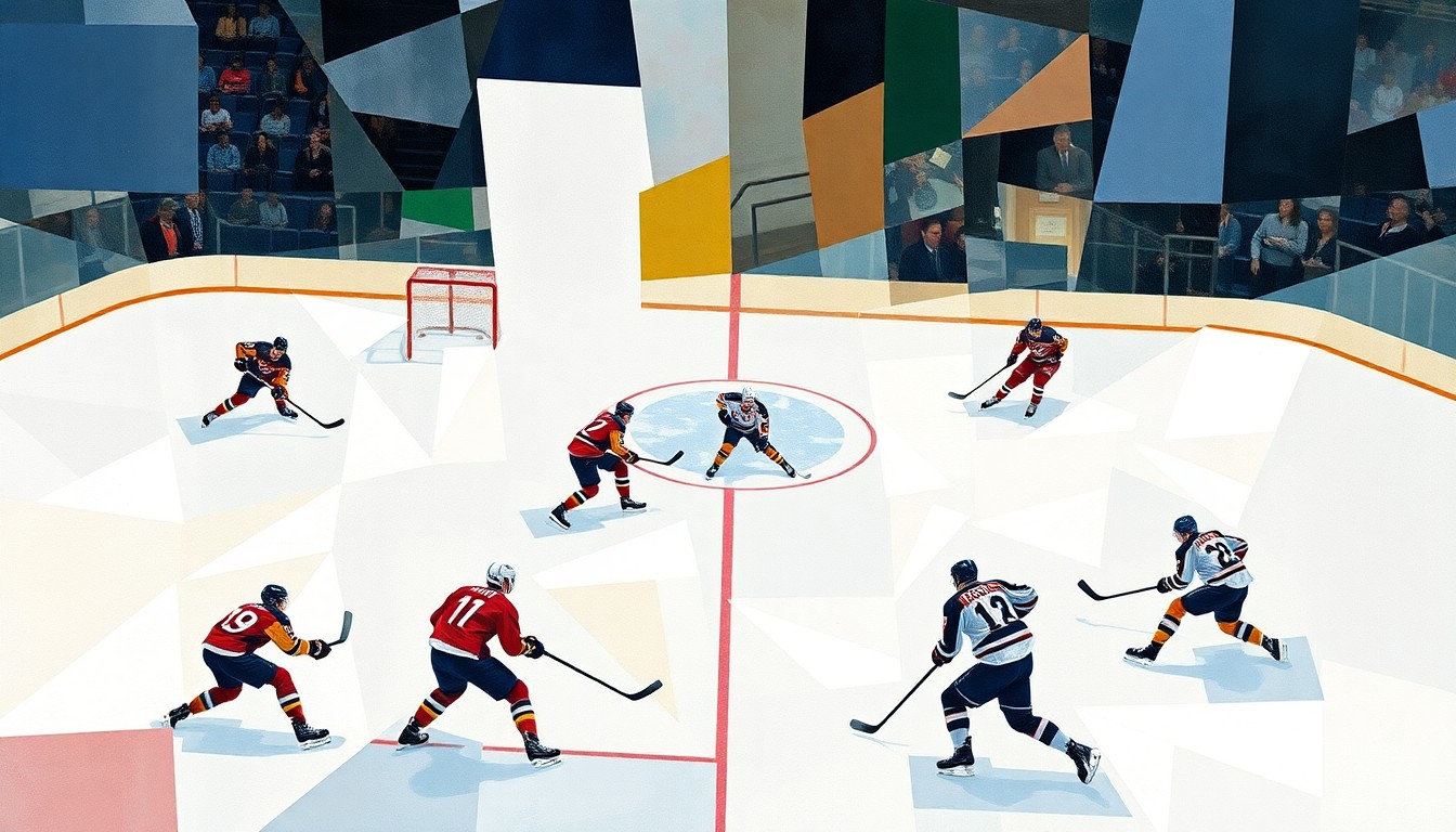 A cubist, geometric painting depicting the dynamic movements and energy of a hockey game, with players and the ice deconstructed into abstract shapes and planes of color.