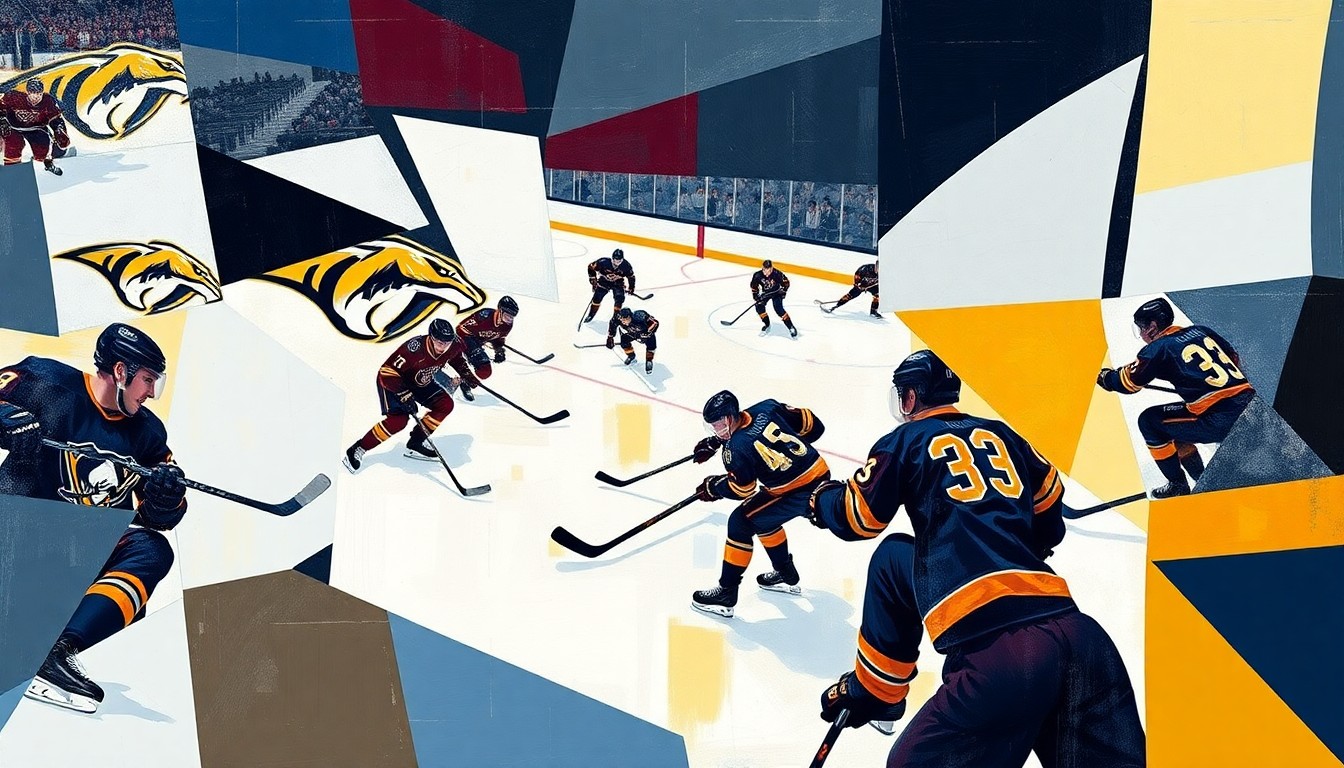 A dynamic, abstract painting featuring overlapping geometric shapes and planes of color, capturing the intensity and movement of a hockey game without depicting any recognizable players or teams.