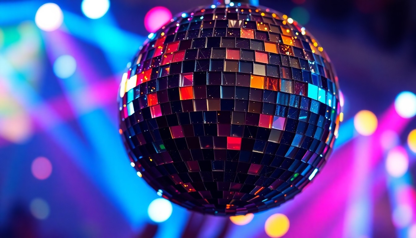 An extreme close-up of shattered disco ball fragments reflecting a kaleidoscope of colorful stage lights, conveying the high-energy, glamorous atmosphere of a music festival.
