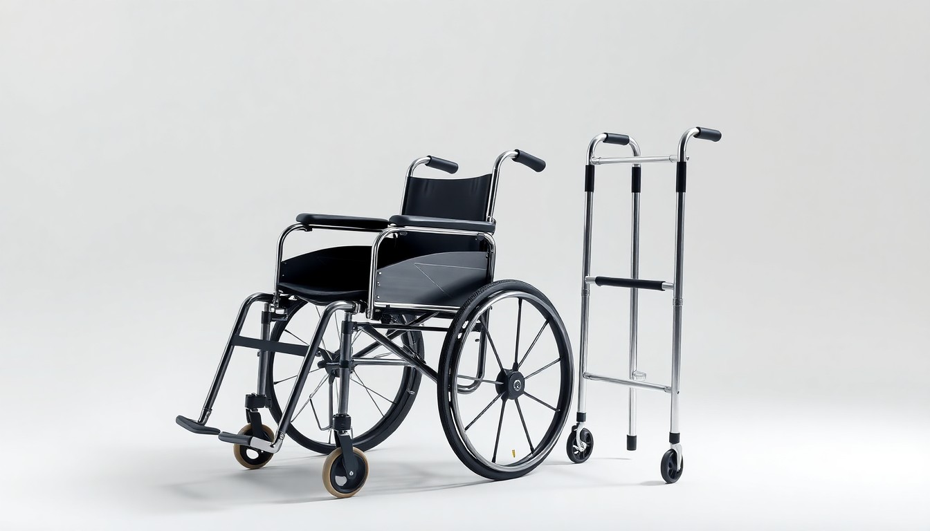 A photorealistic studio still life featuring a polished wheelchair and sleek walker arranged elegantly on a clean, monochromatic background, conceptually representing the specialized healthcare services of a retirement facility.