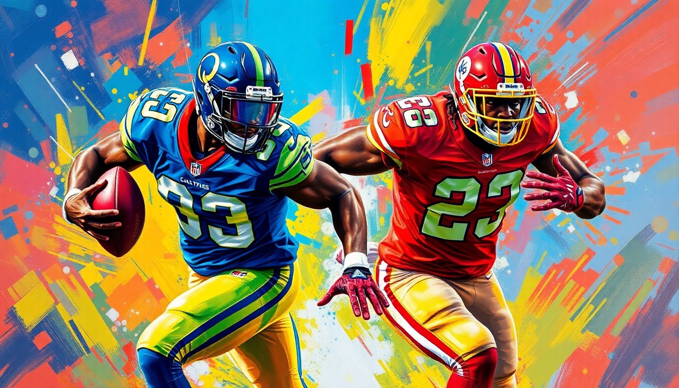 An abstract, energetic painting featuring bold, neon-colored brushstrokes that capture the raw power and movement of NFL pass rushers, conveying the high-stakes nature of the Commanders' investments in Odafe Oweh and K'Lavon Chaisson.