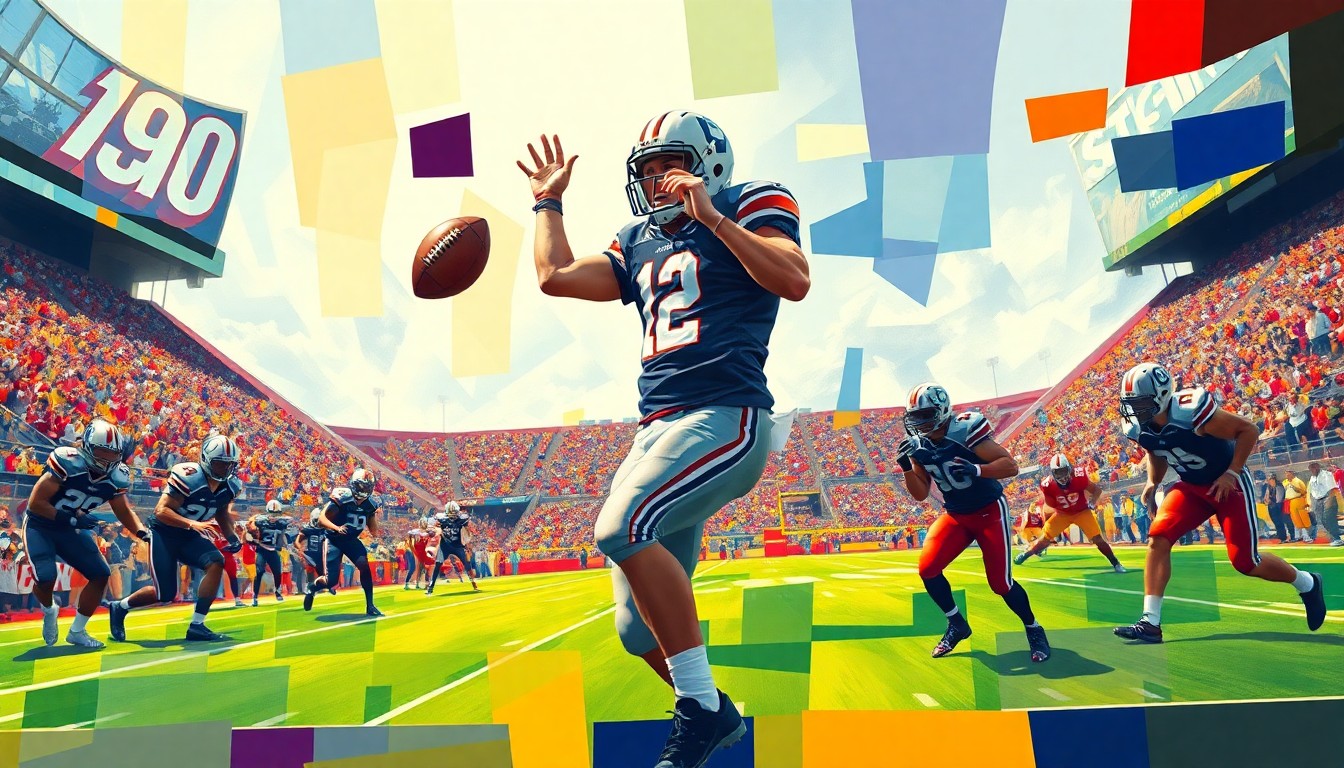 A fractured, multi-perspective painting depicting a high school football quarterback in the midst of a play, with the player's body and the surrounding environment broken down into sharp, overlapping geometric planes in a cubist style.