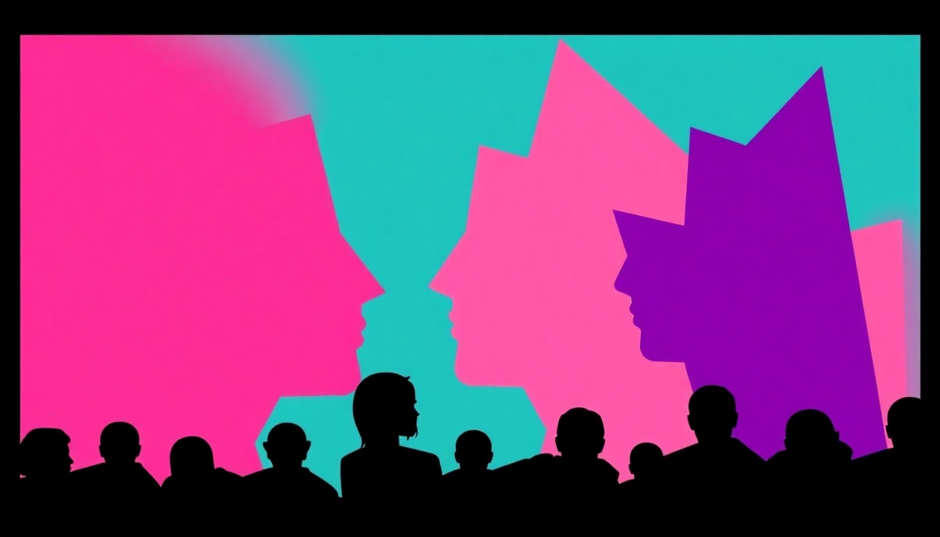 An abstract, minimalist illustration featuring jagged, overlapping shapes in shades of pink, purple, and teal, conceptually representing the themes of LGBTQ+ identity, artistic expression, and community.