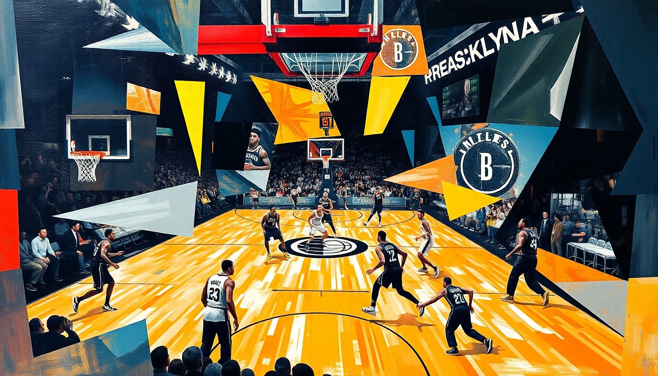 A fragmented, multi-angled painting in bold, angular shapes and planes of color, depicting the action and energy of a basketball game between two teams, without any recognizable figures or court markings.