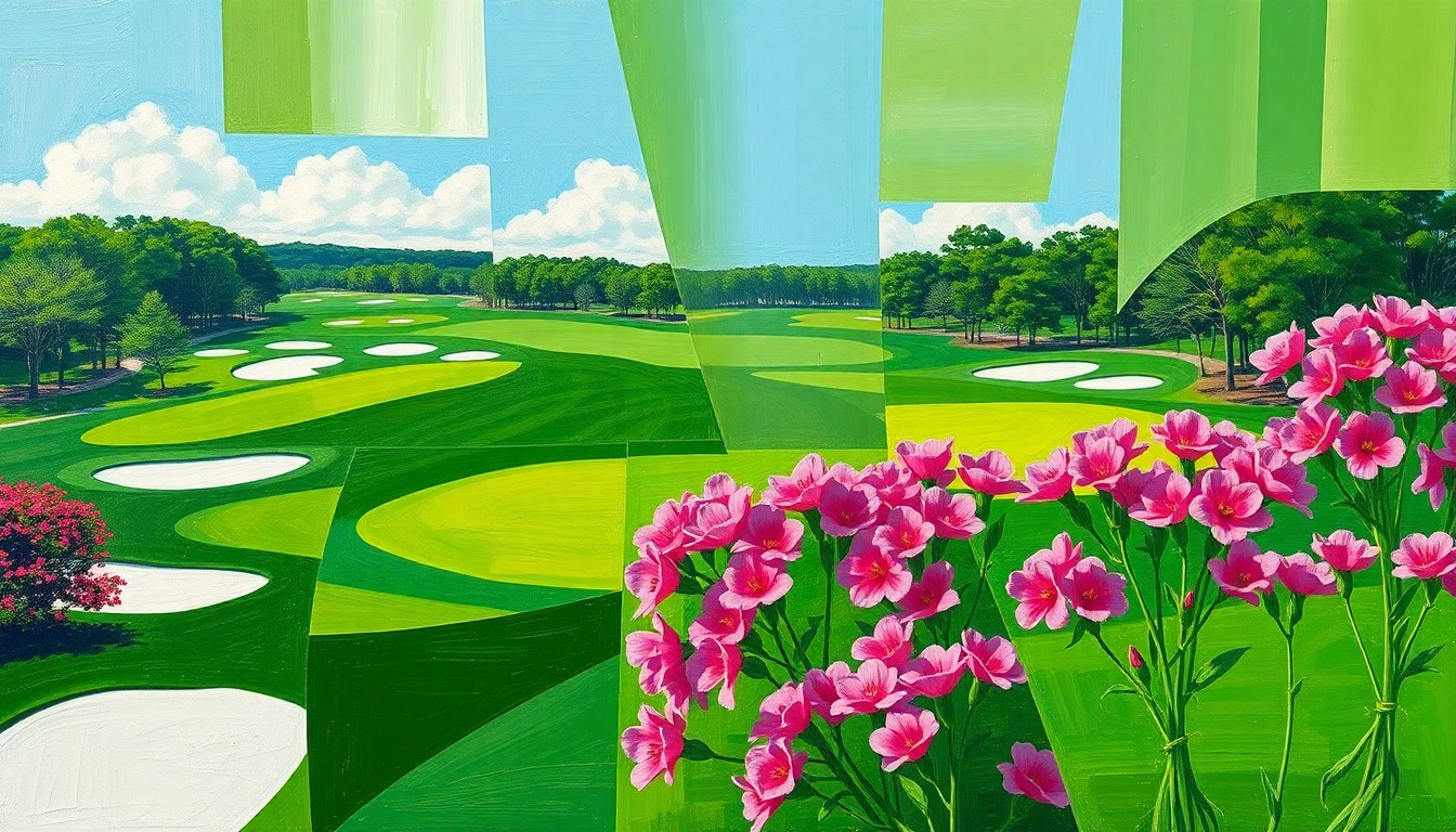 A fragmented, geometric painting depicting the Augusta National golf course with sharp, overlapping planes of green fairways, white bunkers, and bright floral accents, conveying the course's architectural intricacy and visual grandeur.
