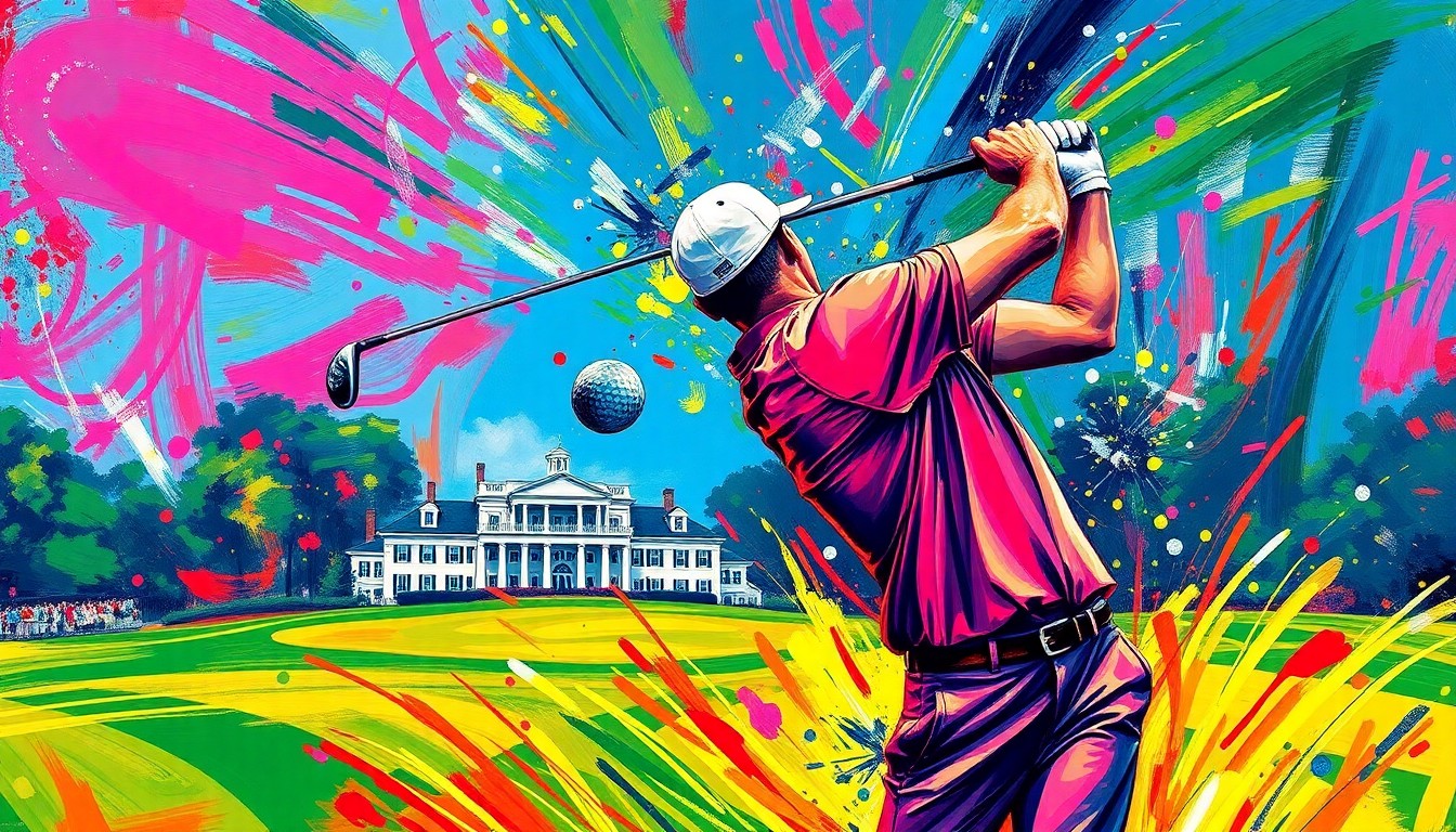An abstract, energetic painting featuring bold brushstrokes in neon greens, oranges, and blues, capturing the dynamic motion of a golfer's swing against the backdrop of the iconic Augusta National clubhouse.