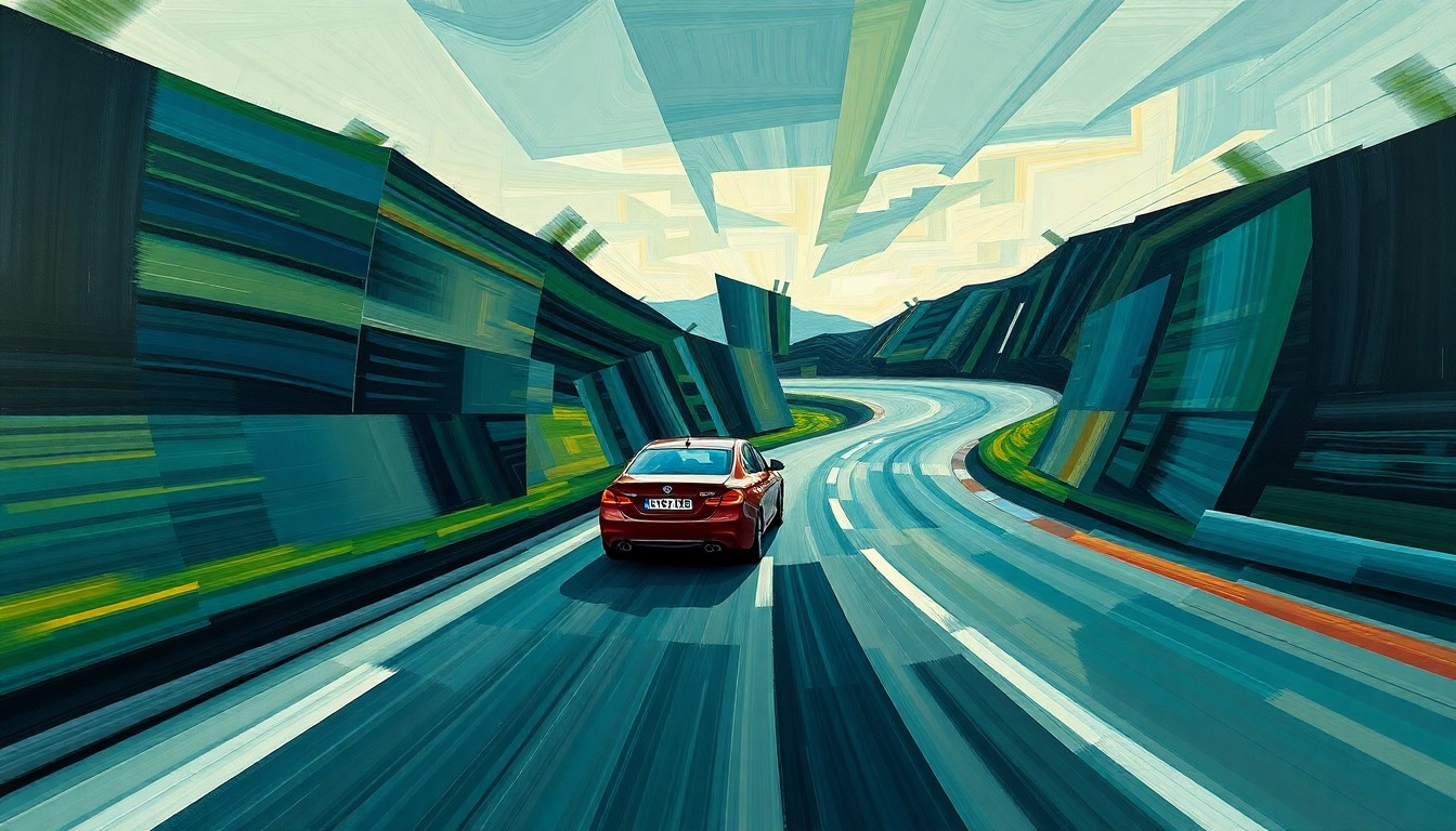 A fragmented, geometric painting depicting a speeding car on a winding road, the vehicle broken down into sharp, overlapping planes of color and form to capture the energy and danger of the situation.