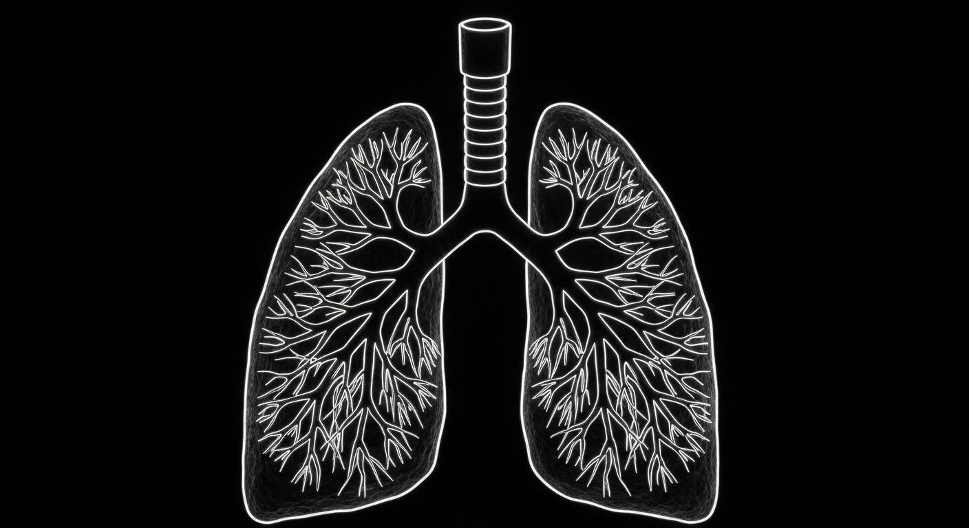 A minimalist, neon-outlined illustration of a human lung against a dark background, symbolizing the inhalation of microplastics in urban environments.