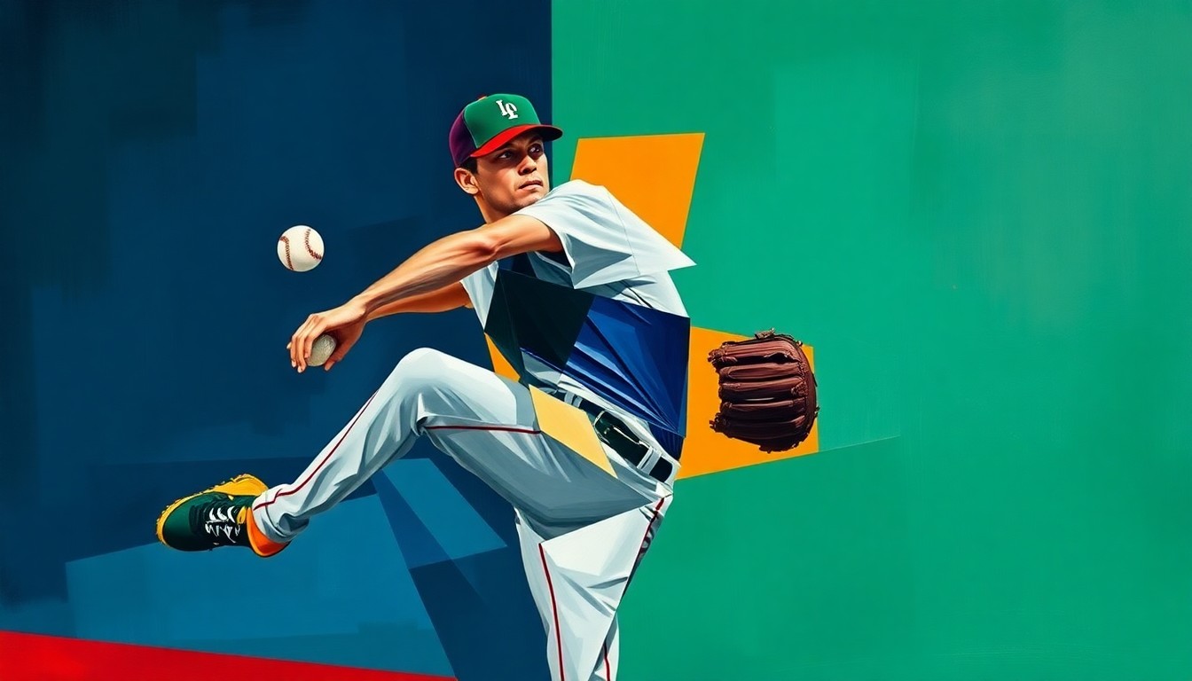 A cubist-style painting depicting a baseball pitcher's windup and delivery broken down into sharp, overlapping geometric shapes in navy blue, forest green, and burnt orange, conveying the complex maneuvering of trade negotiations in the MLB.