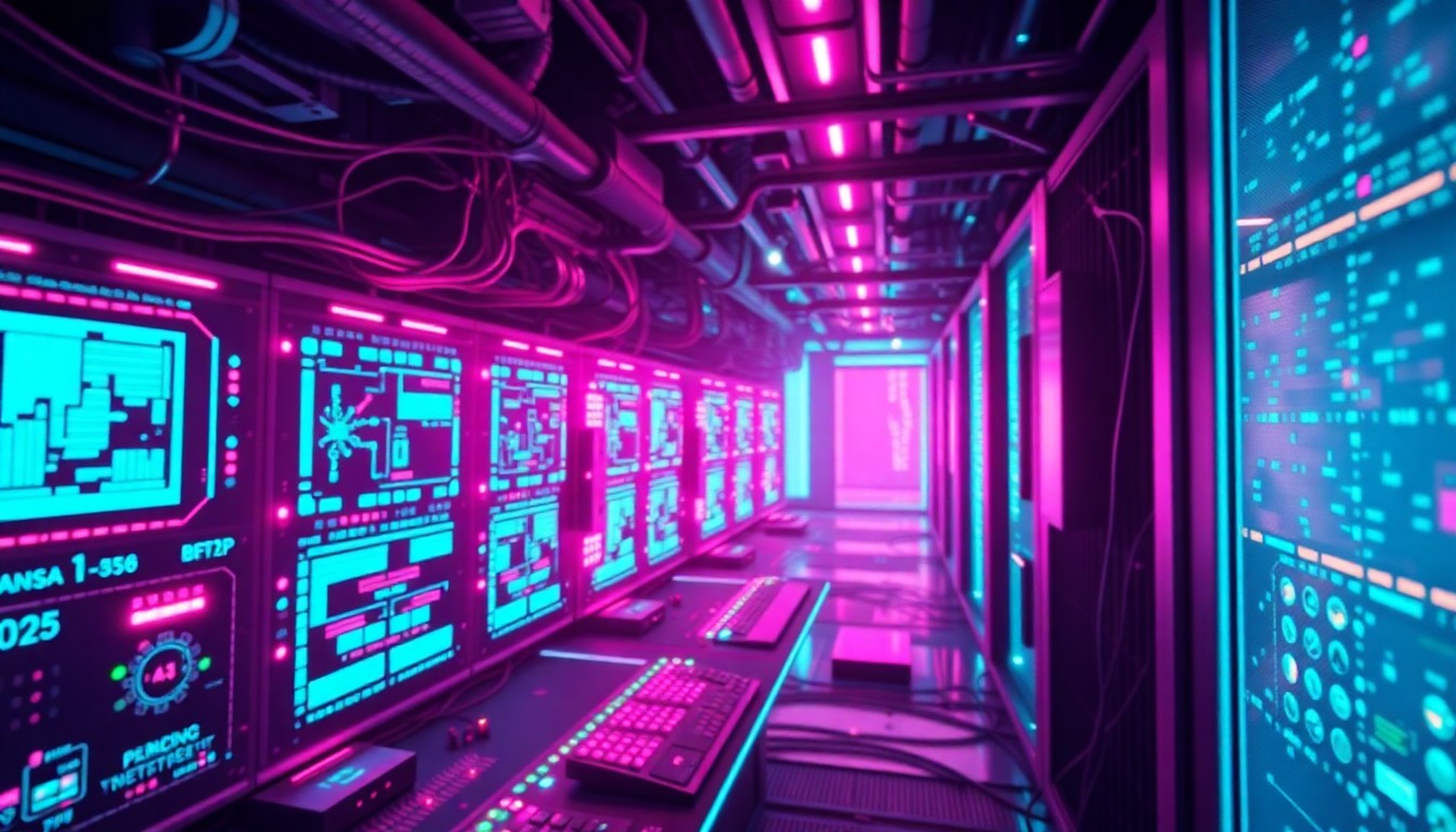 A complex, glowing 3D illustration of futuristic AI hardware and data center infrastructure, bathed in neon cyan and magenta lights, conceptually representing Malaysia's ambitious plans to leverage emerging technologies for inclusive economic growth.