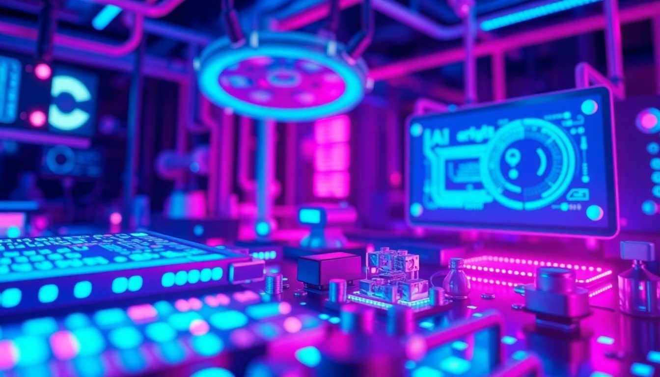 A highly detailed, glowing 3D illustration of various interconnected tech components and circuits, representing the complex infrastructure powering the rise of AI in advertising.