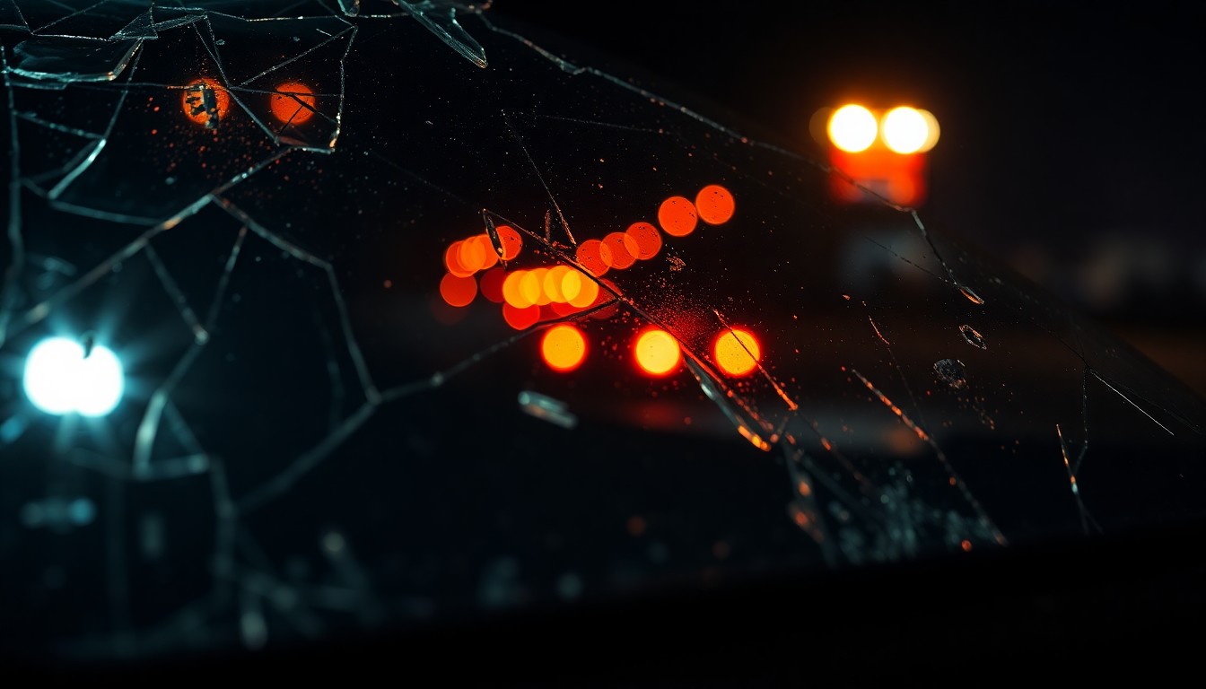An extreme close-up photograph of a shattered car windshield reflecting the faint glow of emergency lights, conceptually illustrating the tragic aftermath of a fatal accident in Dundalk.